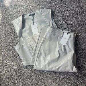 NWT 7 For All Mankind Vegan Leather Corset Vest Wide Leg Pant Set Beige Gray, L